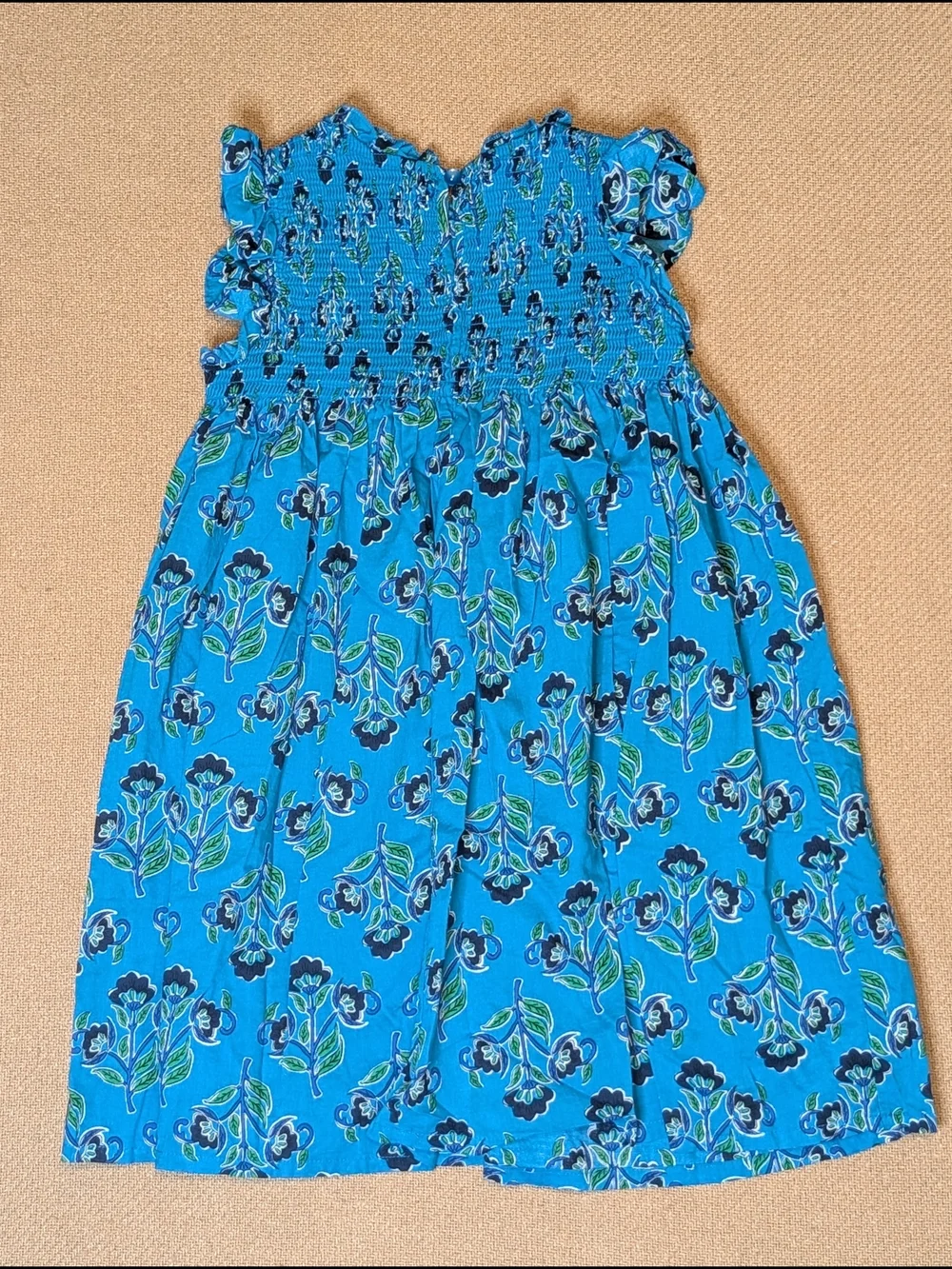French Connection Girls Teal Blue Floral Patterned Cotton Smocked Dress